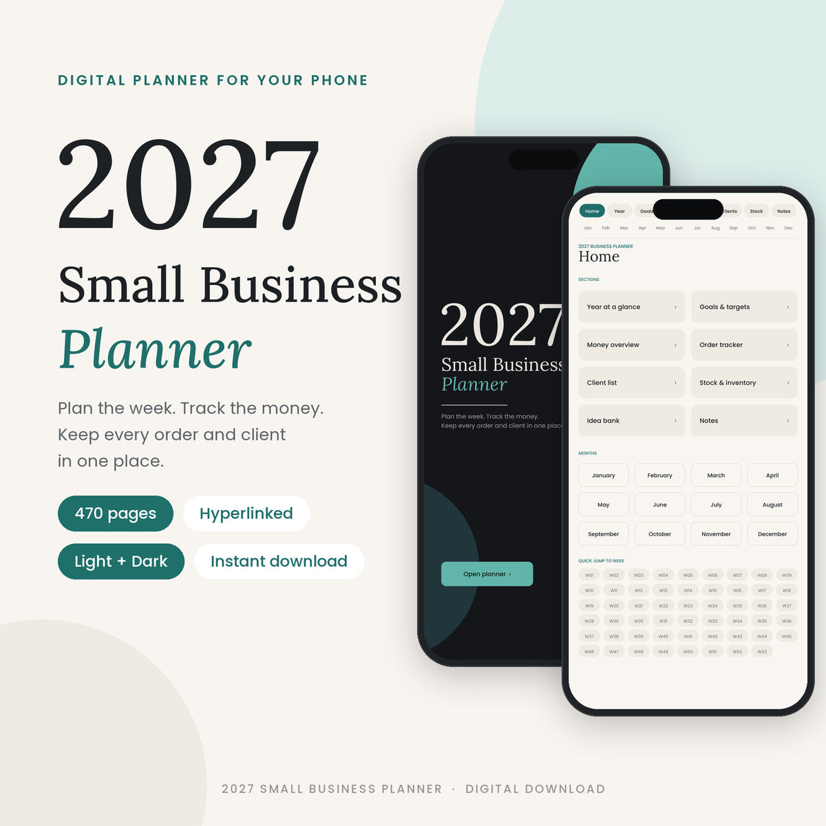 2027 Small Business Planner cover – hyperlinked digital phone planner in light and dark