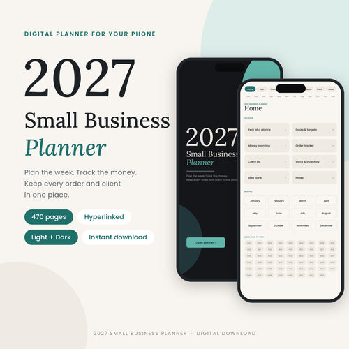 2027 Small Business Planner cover – hyperlinked digital phone planner in light and dark