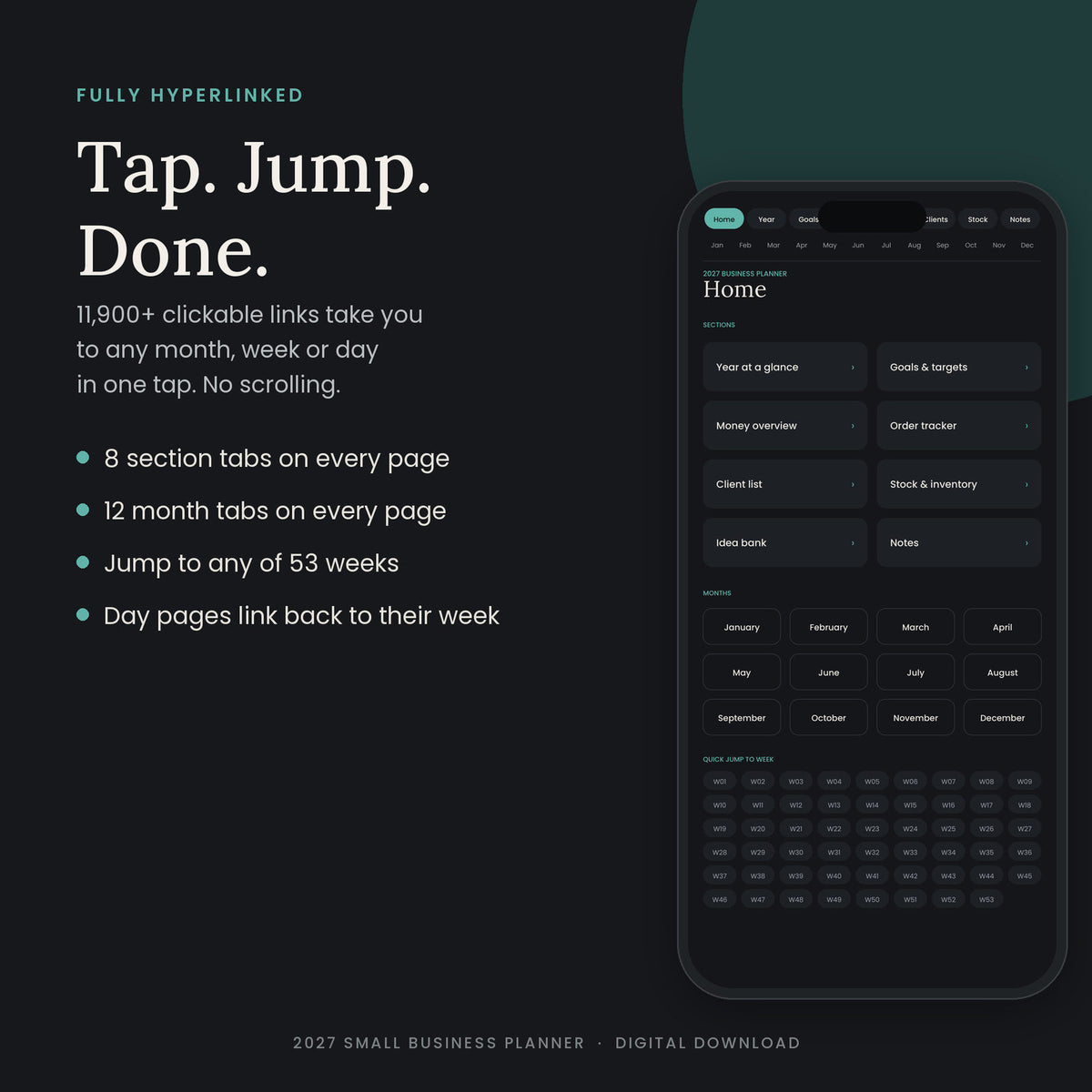 Hyperlinked tabs to jump to any month, week, day or tracker