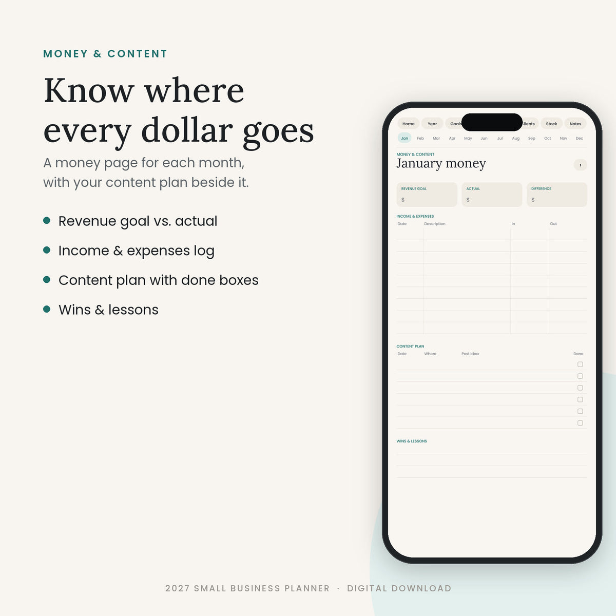 Monthly money and content page – revenue goal, income and expenses, content plan
