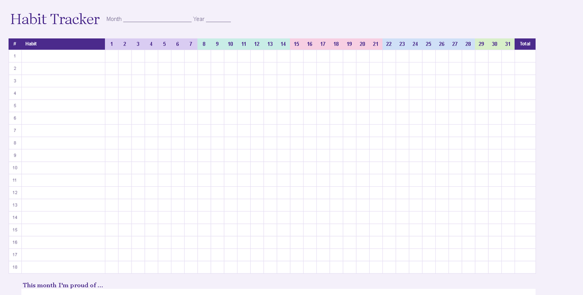 Printable blank monthly habit planner
