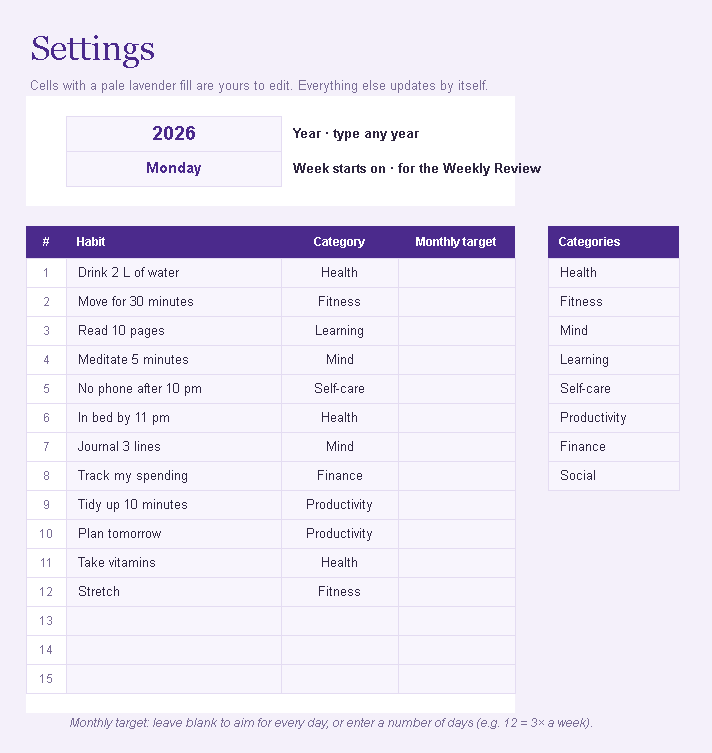 Habit tracker settings sheet to add habits and categories