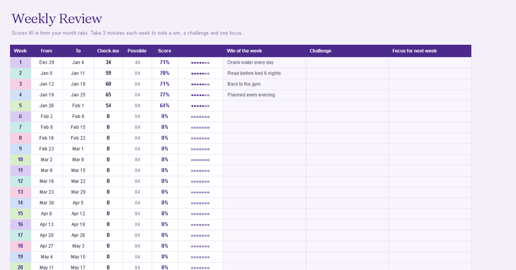 Weekly review log: wins, struggles, energy and next focus