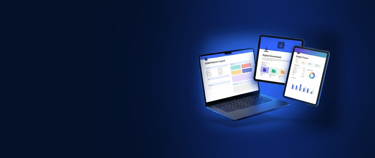 Laptop and two tablets showing DigiBoxer digital templates: a planner layout, a digital downloads page and a budget tracker